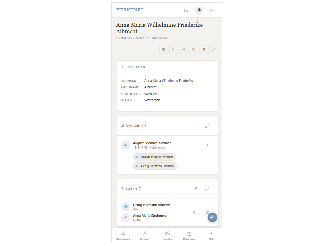 Mobile Ansicht: Bottom-Navigation, Karten-Liste und Stammbaum auf dem Handy